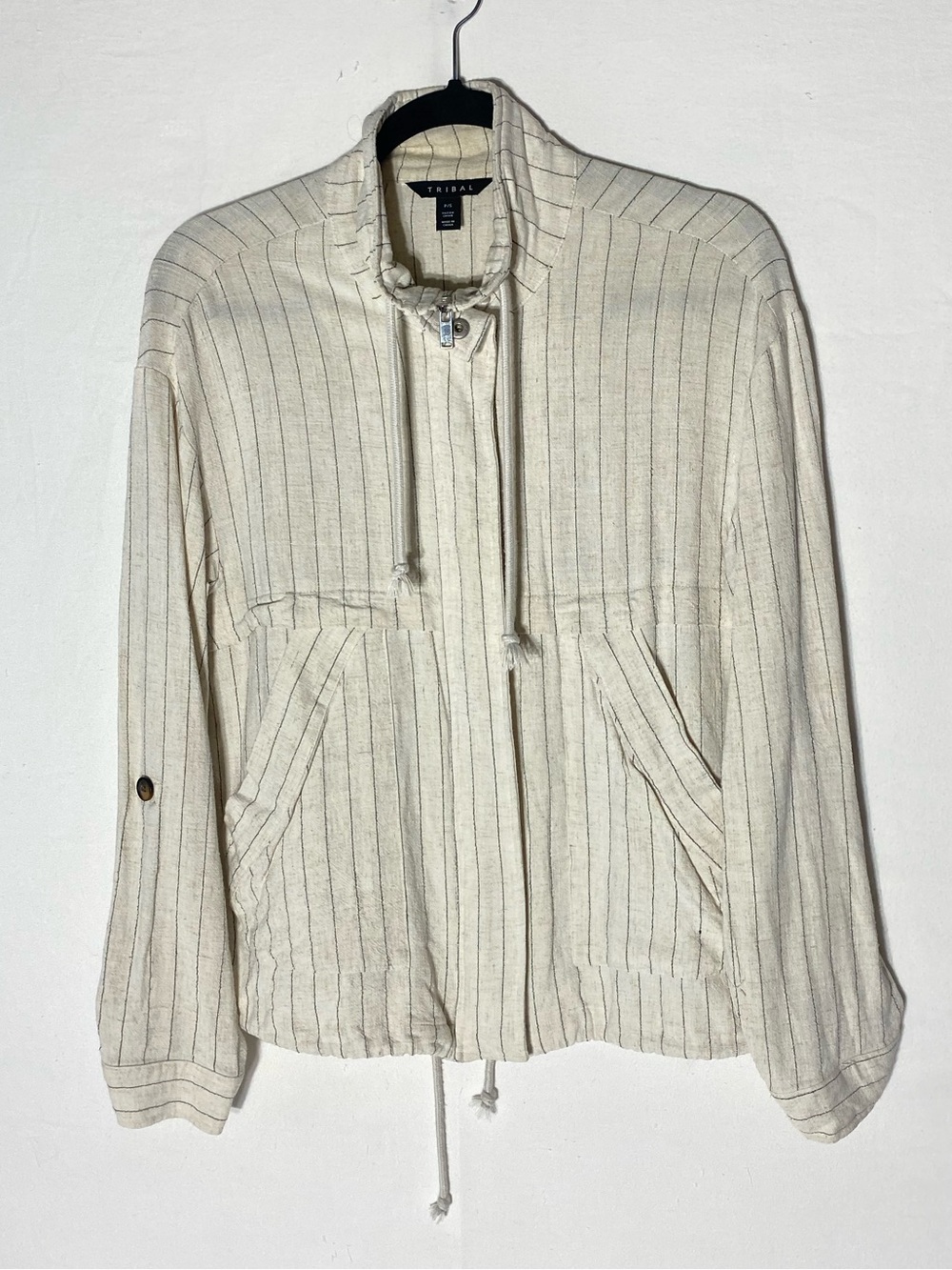 Tribal Beige Striped Linen Blend Drawstring Waist & Hem Utility Jacket S